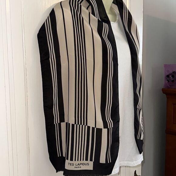 Vintage Ted Lapidus Paris silk black & tan striped long scarf - Picture 3 of 9